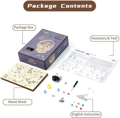 Robotime ROKR 84-Piece DIY 3D Starry Night Wooden Model – Rotatable Music Box Building Kit for Children and Adults
