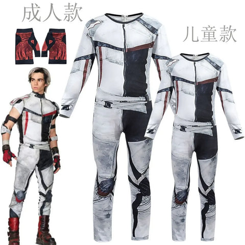 Descendants 3 Carlos Gil Cosplay Costume – Polyester 3D Printed Jumpsuit with Wig for Adults and Kids, Ideal for Halloween Events