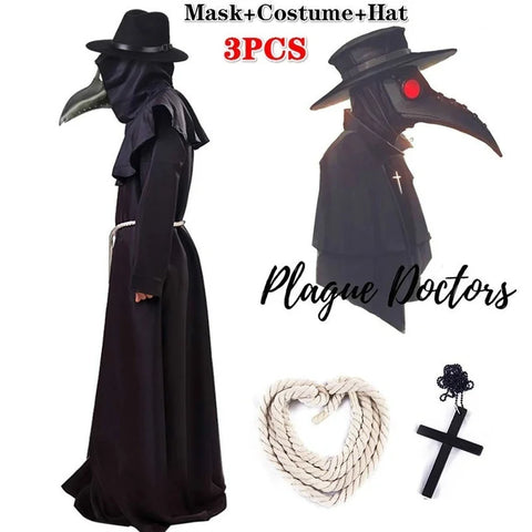 Cosplay Plague Doctor  Costume Medieval Hooded Robe Steampunk Terror Mask Hat Adult Halloween Party Role Play Size S-XL