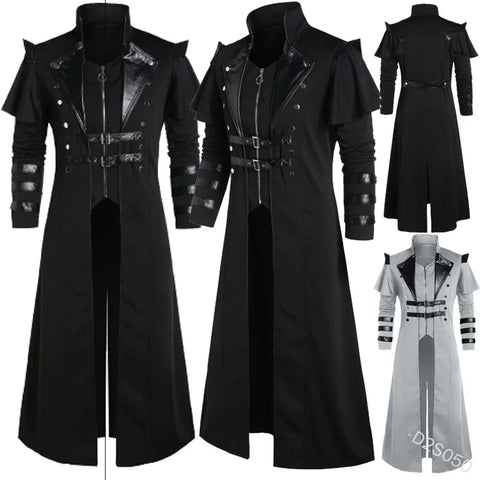 Vintage Steampunk Assassin Costume – Black Gothic Split Jacket with Medieval Pirate and Elven Style for Adult Men