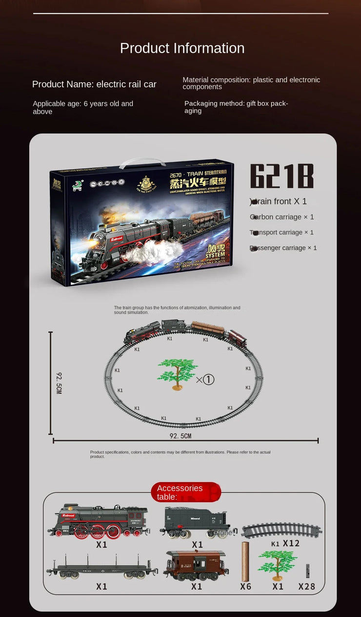 Retro Steam Train Track Set – Electric Locomotive with Smoke, Lights, Sound, Cargo Cars & Tracks for Kids