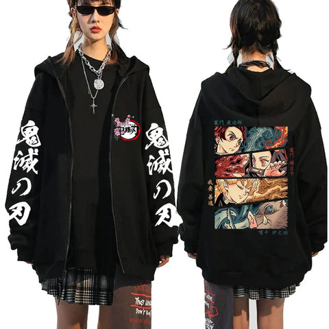 Anime Demon Slayer Zip Up Hoodies Kamado Nezuko And Kamado Tanjirou Print Men Women Harajuku Sweatshirt
