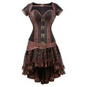 Brown Medieval Gothic Steampunk Faux Leather Overbust Corset with Skirt – Plus Size Pirate Costume Dress