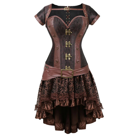 Brown Medieval Gothic Steampunk Faux Leather Overbust Corset with Skirt – Plus Size Pirate Costume Dress