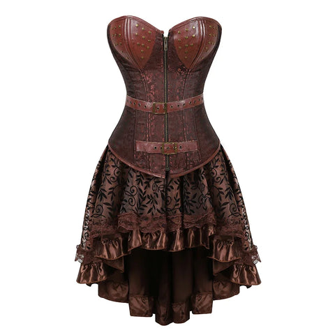 Brown Medieval Gothic Steampunk Faux Leather Overbust Corset with Skirt – Plus Size Pirate Costume Dress