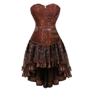 Brown Medieval Gothic Steampunk Faux Leather Overbust Corset with Skirt – Plus Size Pirate Costume Dress