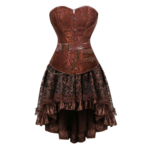 Brown Medieval Gothic Steampunk Faux Leather Overbust Corset with Skirt – Plus Size Pirate Costume Dress