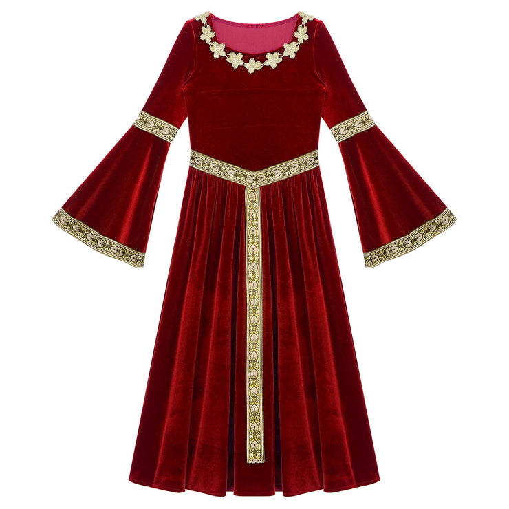 Girls Medieval Renaissance Velvet Dress Princess Queen Cosplay Costume Party Dress