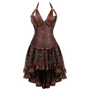 Brown Medieval Gothic Steampunk Faux Leather Overbust Corset with Skirt – Plus Size Pirate Costume Dress