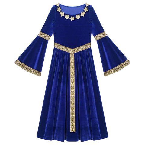 Girls Medieval Renaissance Velvet Dress Princess Queen Cosplay Costume Party Dress