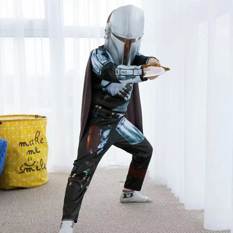 Boys Mandalorian Movie Mask Costume Printed Cartoon Warrior Armor Bodysuit Kids Fantasy Cosplay Costume Halloween