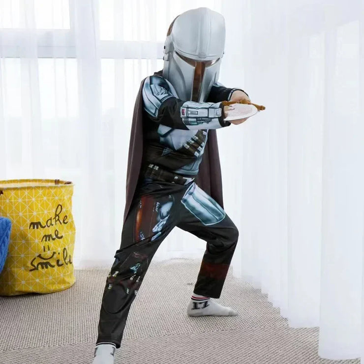 Boys Mandalorian Movie Mask Costume Printed Cartoon Warrior Armor Bodysuit Kids Fantasy Cosplay Costume Halloween