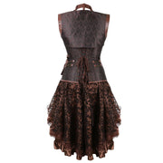 Brown Medieval Gothic Steampunk Faux Leather Overbust Corset with Skirt – Plus Size Pirate Costume Dress