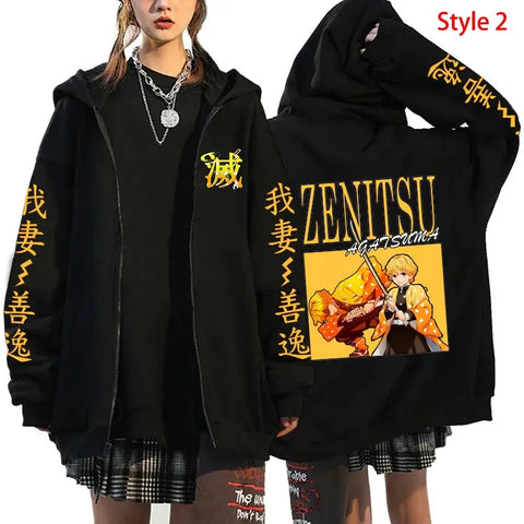 Demon Slayer Anime Zippper Jacket Agatsuma Zenitsu Print Hooded Men Women Manga Zip Hoodies Harajuku Male Oversized Sweatshirt