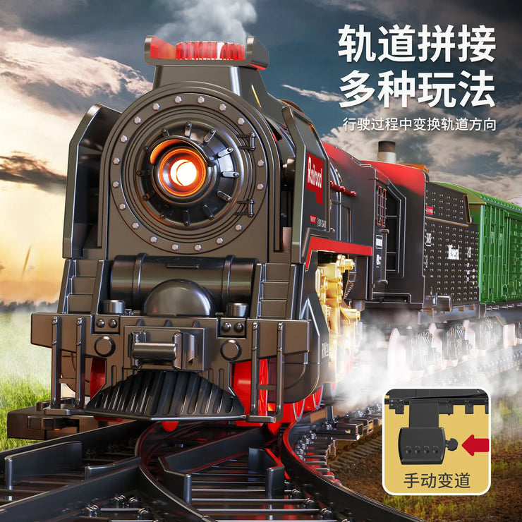 Retro Steam Train Track Set – Electric Locomotive with Smoke, Lights, Sound, Cargo Cars & Tracks for Kids