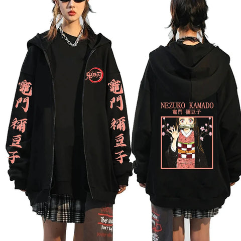 Anime Demon Slayer Zip Up Hoodies Kamado Nezuko And Kamado Tanjirou Print Men Women Harajuku Sweatshirt