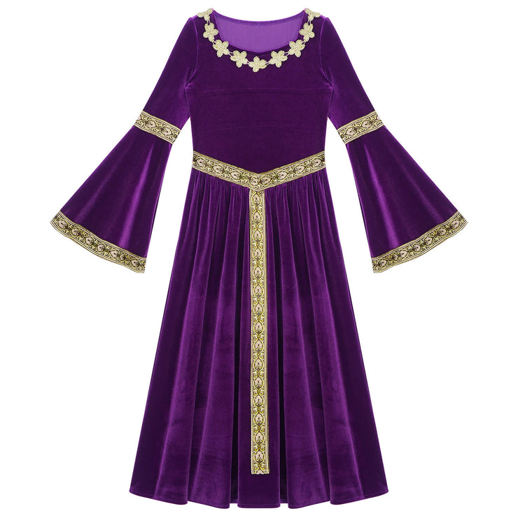 Girls Medieval Renaissance Velvet Dress Princess Queen Cosplay Costume Party Dress