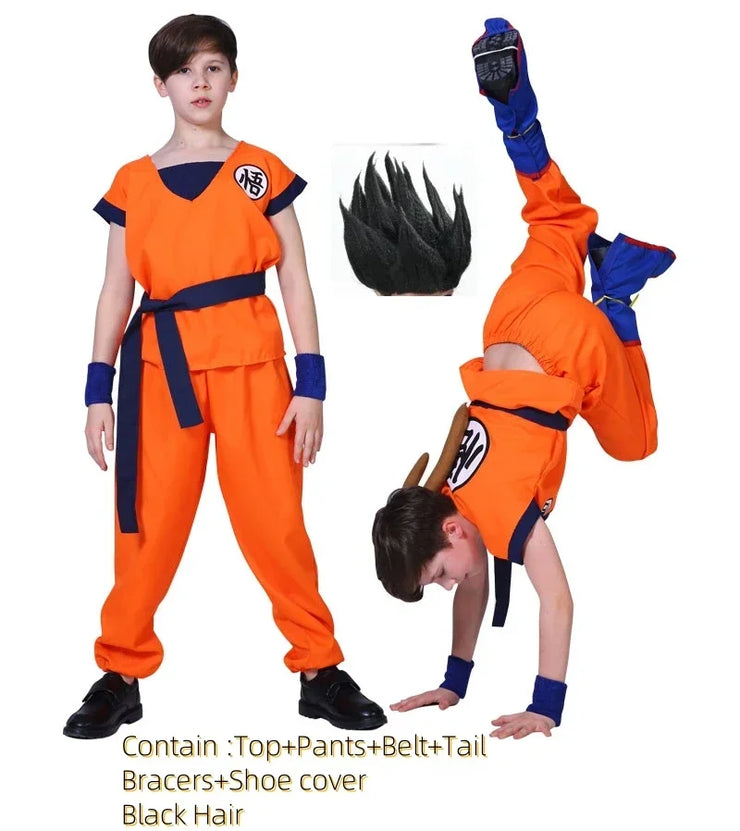 Son Goku and Krillin Cosplay Costumes – Halloween Suits with Tail, Wristband, and Super Saiyan Wig for Adults and Kids
