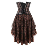 Brown Medieval Gothic Steampunk Faux Leather Overbust Corset with Skirt – Plus Size Pirate Costume Dress
