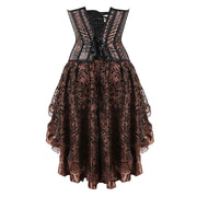 Brown Medieval Gothic Steampunk Faux Leather Overbust Corset with Skirt – Plus Size Pirate Costume Dress