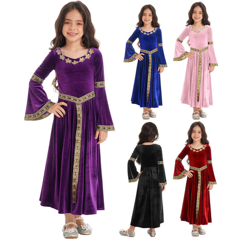 Girls Medieval Renaissance Velvet Dress Princess Queen Cosplay Costume Party Dress