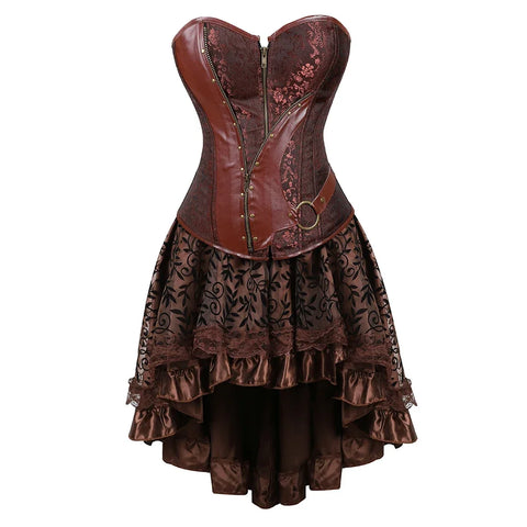 Brown Medieval Gothic Steampunk Faux Leather Overbust Corset with Skirt – Plus Size Pirate Costume Dress