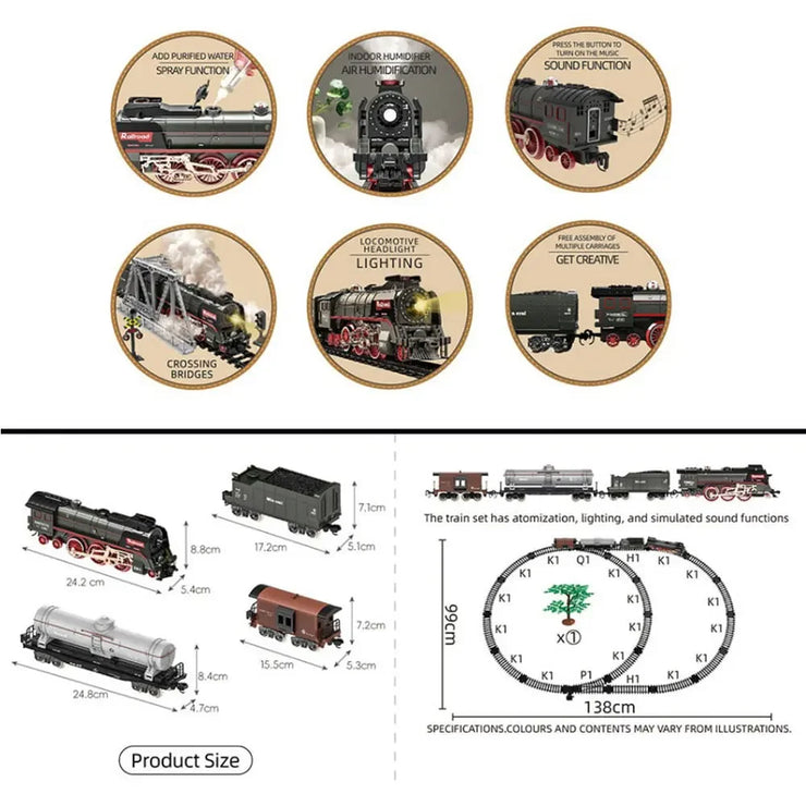 Retro Electric Steam Train Set – Classic Model with Tracks, Smoke, Sound & Light for Kids