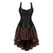 Brown Medieval Gothic Steampunk Faux Leather Overbust Corset with Skirt – Plus Size Pirate Costume Dress