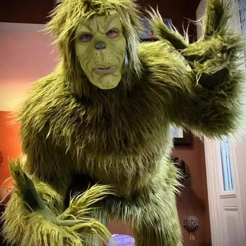 Green Furry Monster Costume – Christmas Cosplay Suit with Santa Styling for Stage, Halloween & Holiday Performances