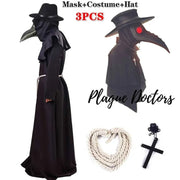 Cosplay Plague Doctor  Costume Medieval Hooded Robe Steampunk Terror Mask Hat Adult Halloween Party Role Play Size S-XL