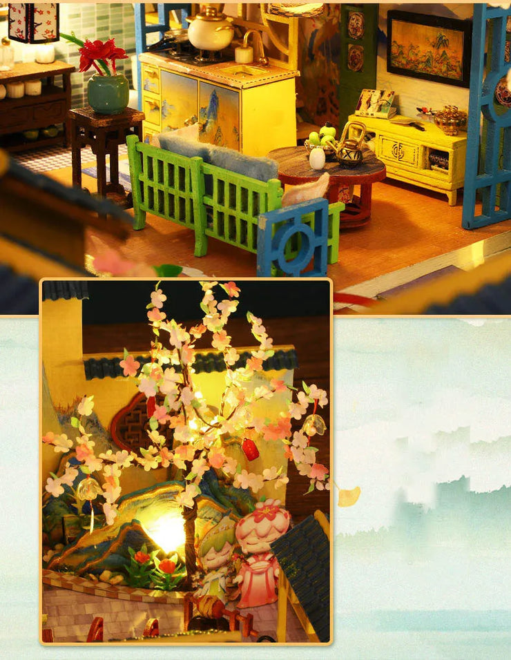 Big DIY Wooden Dollhouse with Furniture & Lights – Chinese Style Villa Miniature Kit