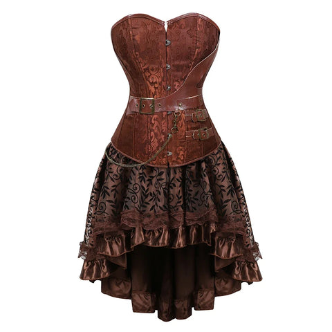 Brown Medieval Gothic Steampunk Faux Leather Overbust Corset with Skirt – Plus Size Pirate Costume Dress