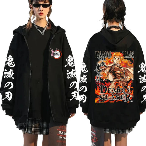 Demon Slayer Anime Zip Jacket Rengoku Kyoujurou Print Hooded Men Casual Zip Hoodies Plus Size Pullover Harajuku Male Sweatshirt