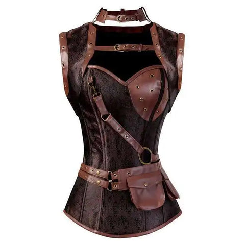 Steampunk Corsets for Women Gothic Corset Bustier Zipper Plus Size Vintage Faux Leather Corset Top Brown Plus Sizes