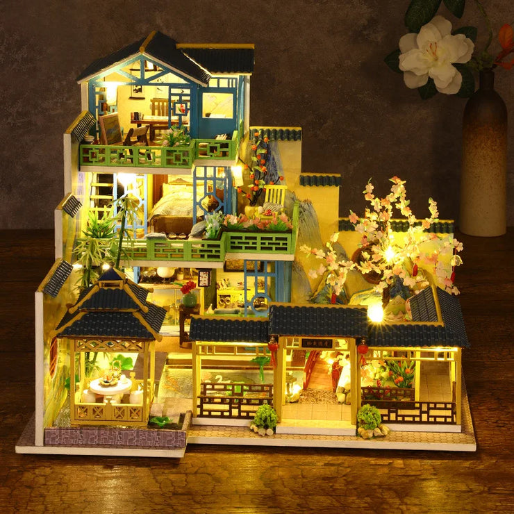 Big DIY Wooden Dollhouse with Furniture & Lights – Chinese Style Villa Miniature Kit