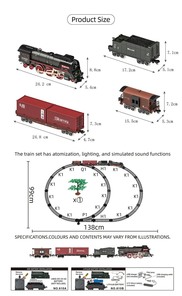 Retro Electric Steam Train Set – Classic Model with Tracks, Smoke, Sound & Light for Kids