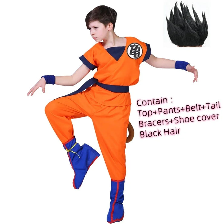 Son Goku and Krillin Cosplay Costumes – Halloween Suits with Tail, Wristband, and Super Saiyan Wig for Adults and Kids