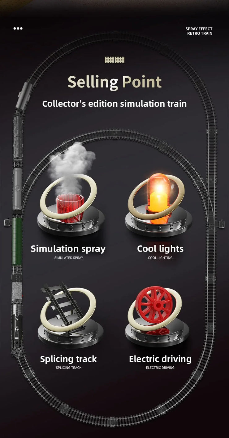 Retro Electric Steam Train Set – Classic Model with Tracks, Smoke, Sound & Light for Kids
