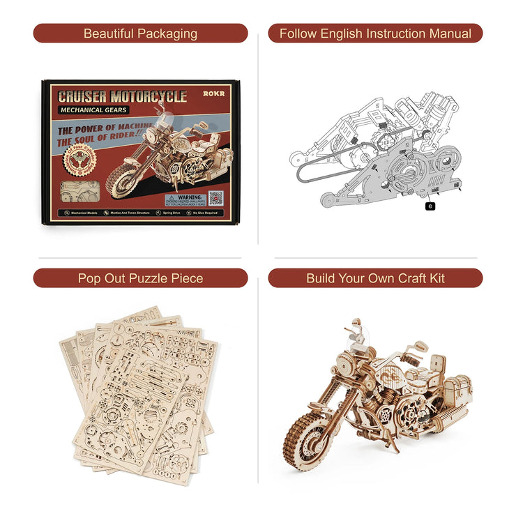 Robotime ROKR Cruiser Motorcycle DIY Wooden Model Kit – 420pcs Assembly Puzzle LK504