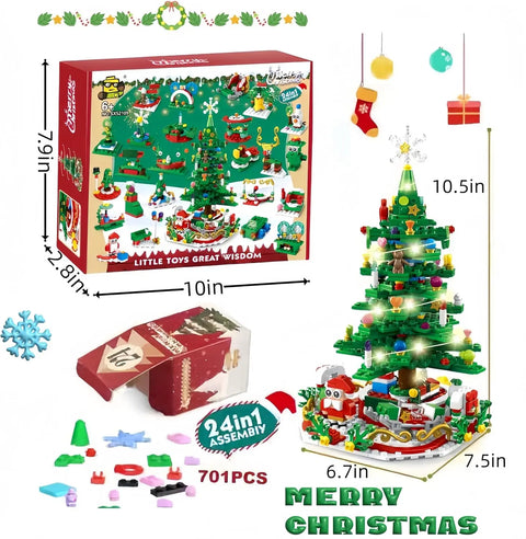 701pcs Christmas Tree Building Set with LED Light Toys Kids Adult 24in1 Christmas Countdown Calendar Building Blocks Gift