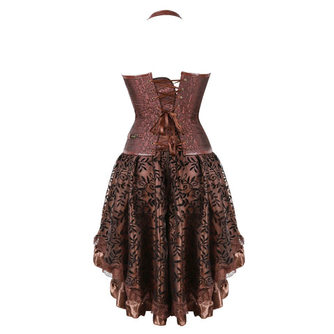 Brown Medieval Gothic Steampunk Faux Leather Overbust Corset with Skirt – Plus Size Pirate Costume Dress
