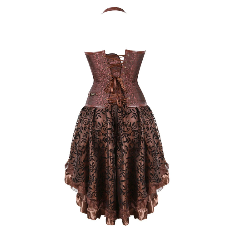 Brown Medieval Gothic Steampunk Faux Leather Overbust Corset with Skirt – Plus Size Pirate Costume Dress