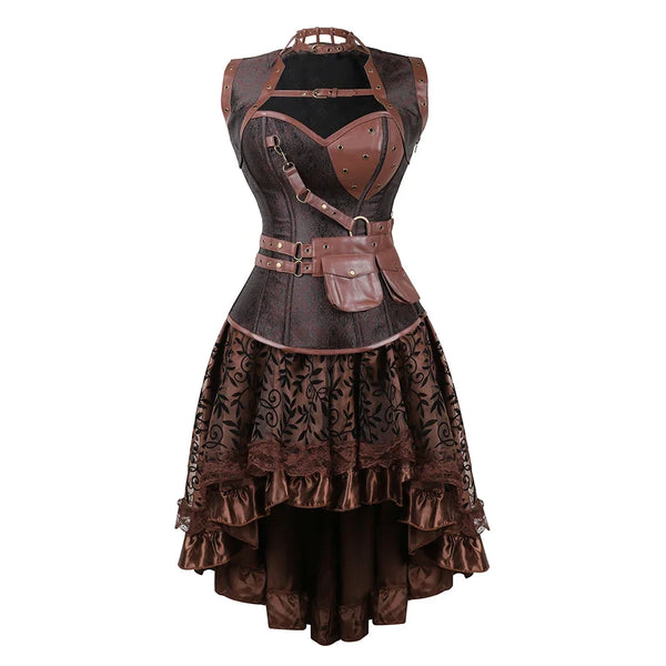 Brown Medieval Gothic Steampunk Faux Leather Overbust Corset with Skirt – Plus Size Pirate Costume Dress