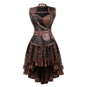 Brown Medieval Gothic Steampunk Faux Leather Overbust Corset with Skirt – Plus Size Pirate Costume Dress