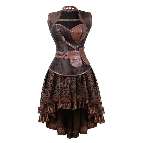 Brown Medieval Gothic Steampunk Faux Leather Overbust Corset with Skirt – Plus Size Pirate Costume Dress