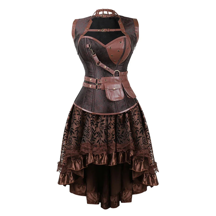 Brown Medieval Gothic Steampunk Faux Leather Overbust Corset with Skirt – Plus Size Pirate Costume Dress