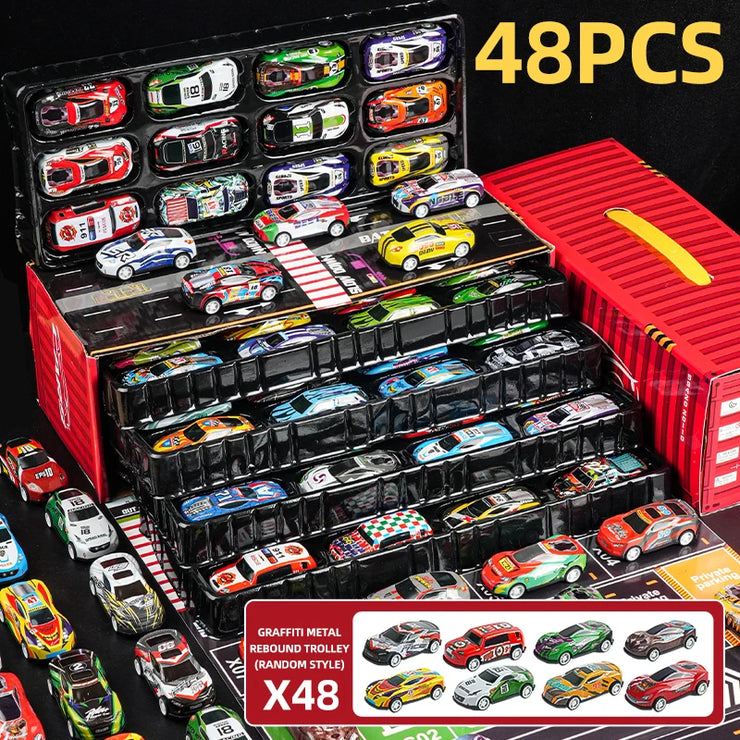 48-Piece Mini Racing Car Set with Play Map & 4-Level Garage – Gift Box Edition for Kids