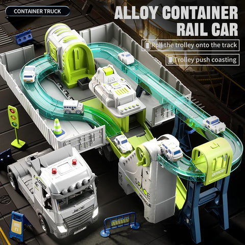 Space Railway Container Truck Diecast Set – Alloy Inertia Vehicles with Sound and Light for Kids