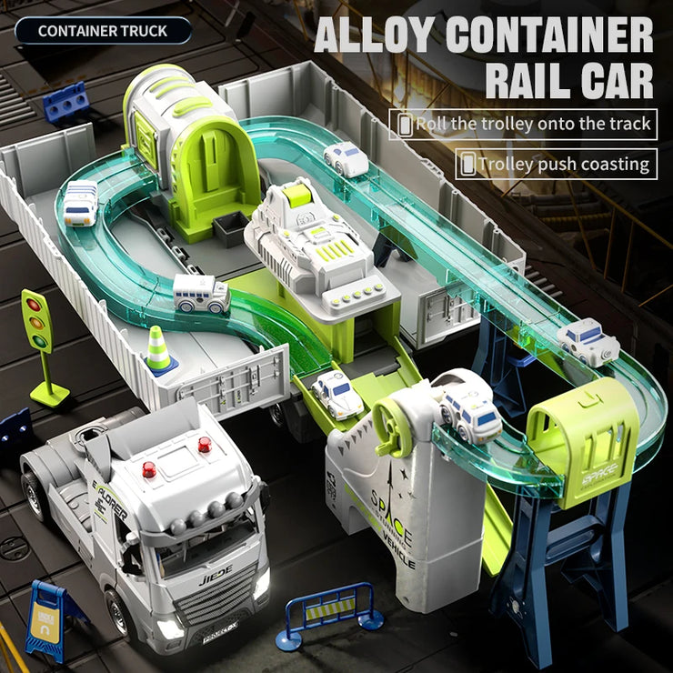 Space Railway Container Truck Diecast Set – Alloy Inertia Vehicles with Sound and Light for Kids