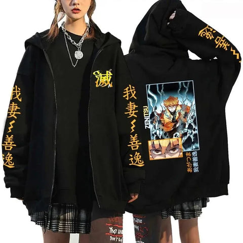 Demon Slayer Anime Zippper Jacket Agatsuma Zenitsu Print Hooded Men Women Manga Zip Hoodies Harajuku Male Oversized Sweatshirt